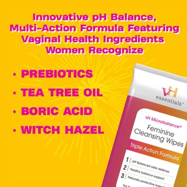 vH essentials Feminine Cleansing Wipes - pH Balanced, Prebiotics, Tea Tree & Aloe, Soothing Witch Hazel, Odor-Blocking Formula, Vaginal and Perianal Care, Paraben, Alcohol, and Fragrance-Free - Image 3