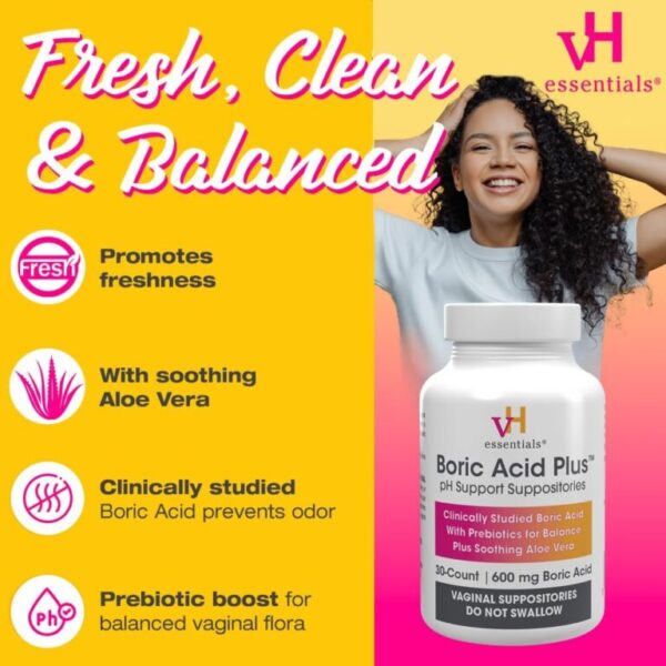 vH essentials Boric Acid Plus Vaginal Suppositories, Prebiotic Infused with Soothing Aloe Vera, 30 Count - Image 5