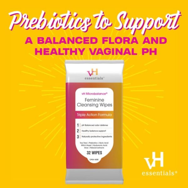 vH essentials Feminine Cleansing Wipes - pH Balanced, Prebiotics, Tea Tree & Aloe, Soothing Witch Hazel, Odor-Blocking Formula, Vaginal and Perianal Care, Paraben, Alcohol, and Fragrance-Free - Image 4