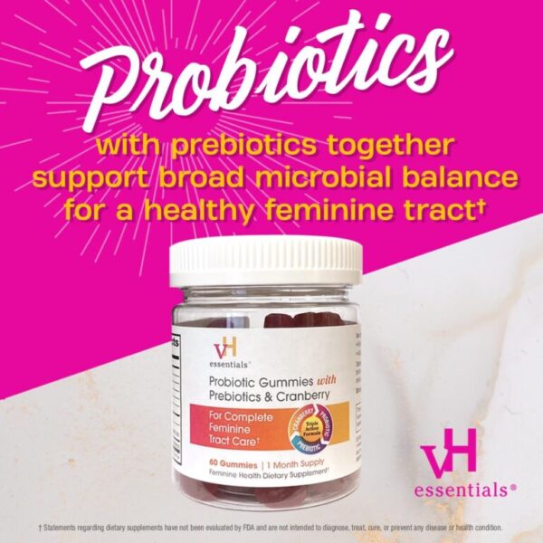 vH essentials Probiotic Gummies with Prebiotics & Cranberry, Concentrated Extract for Urinary Tract Health, Supports Vaginal Microflora Balance for a Healthy Feminine Tract, 60 Count - Image 6