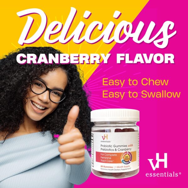 vH essentials Probiotic Gummies with Prebiotics & Cranberry, Concentrated Extract for Urinary Tract Health, Supports Vaginal Microflora Balance for a Healthy Feminine Tract, 60 Count - Image 4